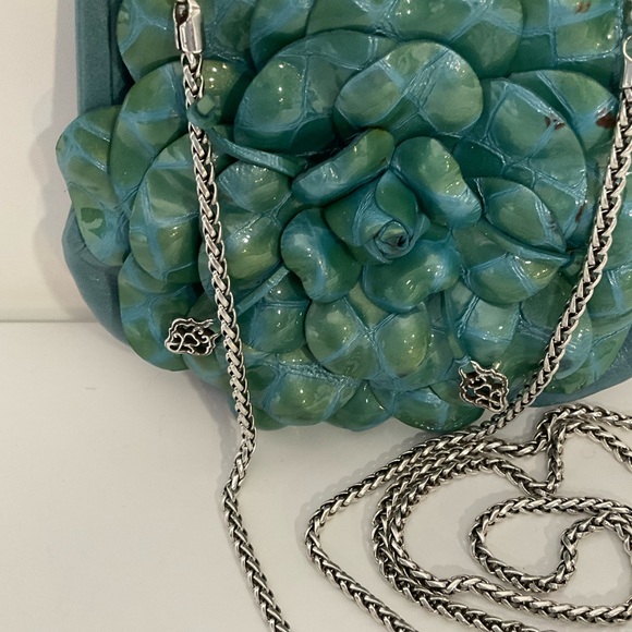 Brighton Roselie Green Layered Floral Design Long Silver Chain Kiss Lock Bag - Picture 6 of 16